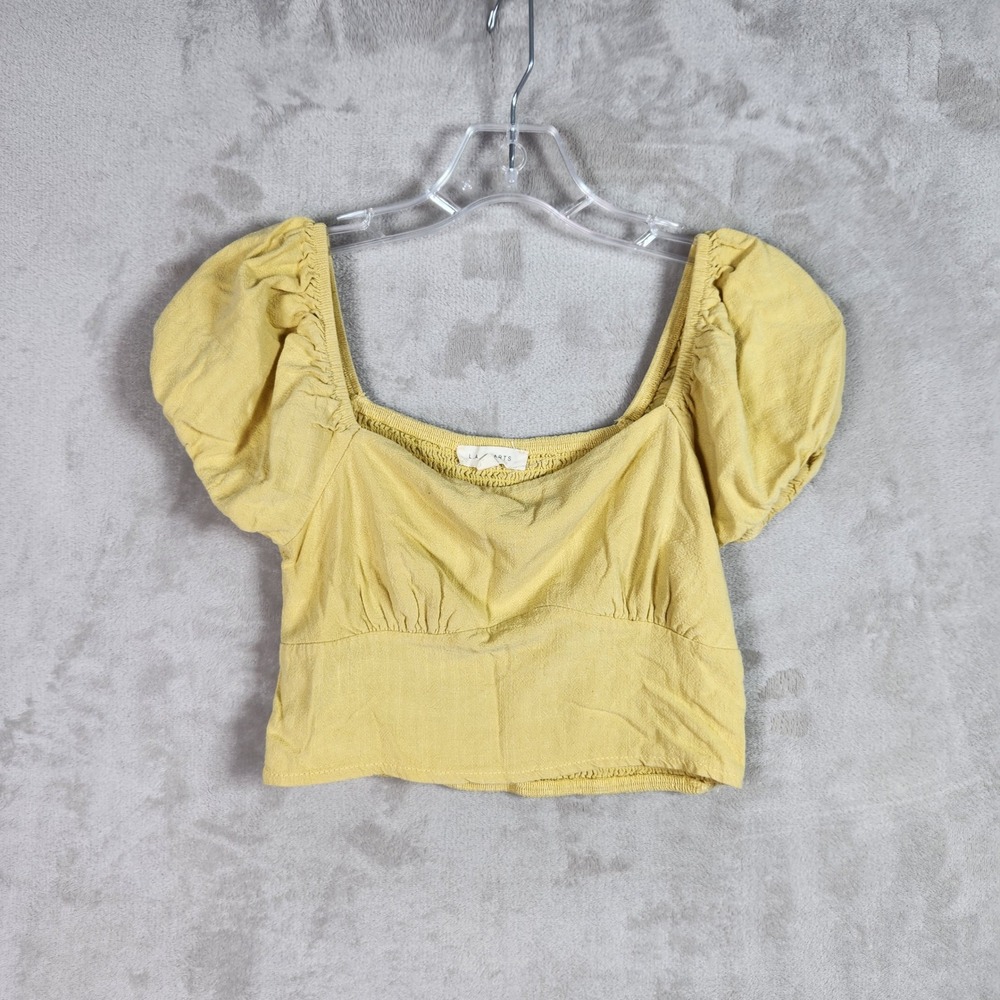LA Hearts Puff Sleeve‎ Crop Top Womens Small Yellow Linen Blend Smocked Back